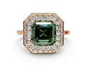 Halo Engagement Ring Setting for Fancy Green Asscher Cut Center with Plain Tapered Band and Prong Head in Rose Gold