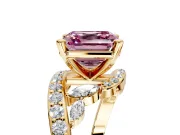 Solitaire Engagement Ring Setting for Fancy Pink Asscher Cut Center with Pave Bypass Twist Band and Prong Head in Yellow Gold