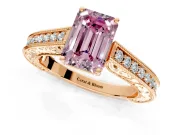 Solitaire Engagement Ring Setting for Fancy Pink Emerald Cut Center with Engraved Pave Band and Prong Head in Rose Gold