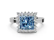 Starburst Halo Engagement Ring Setting for Fancy Blue Princess Cut Center with Flat Cathedral Band and Prong Head in White Gold