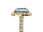 Halo Engagement Ring Setting for Fancy Blue Princess Cut Center with Narrowing Pave Band and Prong Head in Yellow Gold