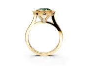 Halo Engagement Ring Setting for Fancy Green Heart-Shaped Center with Milgrain Frame, Pave Band and Prong Head in Yellow Gold