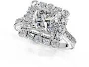 Milgrain Halo Engagement Ring Setting for Princess Cut Center with Bezel Point Accents and Prong Head in White Gold
