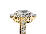 Halo Engagement Ring Setting for Oval Center with Milgrain Channel Band and Prong Head in Yellow Gold