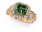 Milgrain Halo Engagement Ring Setting for Fancy Green Princess Cut Center with Shoulder Bezels and Prong Head in Rose Gold