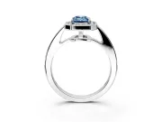 Bezel-Framed Halo Engagement Ring Setting for Fancy Blue Emerald Cut Center with Pave Band and Prong Head in Platinum