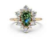 Small-Accent Cluster Halo Engagement Ring Setting for Fancy Green Pear-Shaped Center with Plain Band and Prong Head in Yellow Gold