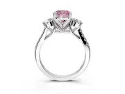 3 Stone Engagement Ring Setting for Fancy Pink Cushion Cut Center with Crossover Basket, Pave Band and Prong Head in Sterling Silver