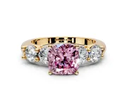 5 Stone Engagement Ring Setting for Fancy Pink Cushion Cut Center with Graduated Accents and Prong Head in Yellow Gold