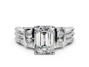 Solitaire Engagement Ring Setting for Emerald Cut Center with Grooved Bar Accent Band and Prong Head in Platinum