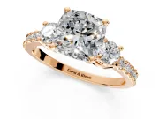3 Stone Engagement Ring Setting for Cushion Cut Center with Round Cut Side Accents and Prong Head in Rose Gold