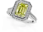 Halo Engagement Ring Setting for Fancy Yellow Emerald Cut Center with Milgrain Pave Band and Bezel Head in Sterling Silver