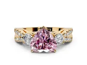 3 Stone Engagement Ring Setting for Fancy Pink Heart-Shaped Center with Pave Split Shank and Prong Head in Yellow Gold
