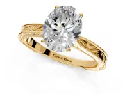 Solitaire Engagement Ring Setting for Oval Center with Engraved Milgrain Band and Prong Head in Yellow Gold