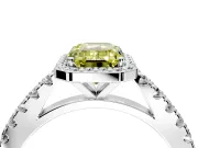 Halo Engagement Ring Setting for Fancy Yellow Emerald Cut Center with Full Pave Band and Prong Head in Sterling Silver