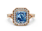 Halo Engagement Ring Setting for Fancy Blue Radiant Cut Center with Milgrain Rim, Pave Band and Prong Head in Rose Gold