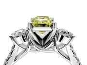 3 Stone Engagement Ring Setting for Fancy Yellow Emerald Cut Center with Crossover Basket, Pave Band and Prong Head in Platinum