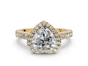 Halo Engagement Ring Setting for Heart-Shaped Center with Full Pave Band and Prong Head in Yellow Gold