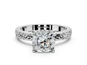 Solitaire Engagement Ring Setting for Cushion Cut Center with Scrollwork Band and Prong Head in Platinum