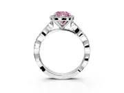 Halo Engagement Ring Setting for Fancy Pink Cushion Cut Center with Pave and Plain Twist Band and Prong Head in White Gold