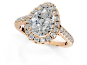 Halo Engagement Ring Setting for Pear-Shaped Center with Narrowing Pave Band and Prong Head in Rose Gold