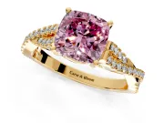 Solitaire Engagement Ring Setting for Fancy Pink Cushion Cut Center with Twisted Pave Split Shank and Prong Head in Yellow Gold