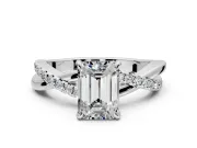 Crossover Engagement Ring Setting for Emerald Cut Center with Pave and Plain Strands and Prong Head in White Gold