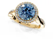 Halo Engagement Ring Setting for Fancy Blue Round Cut Center with Twist Band and Prong Head in Yellow Gold