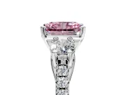 3 Stone Engagement Ring Setting for Fancy Pink Radiant Cut Center with Crossover Basket, Pave Band and Prong Head in Platinum