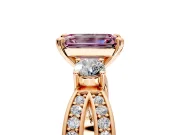 3 Stone Engagement Ring Setting for Fancy Pink Emerald Cut Center with Pave Twist Band and Prong Head in Rose Gold