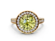 Halo Engagement Ring Setting for Fancy Yellow Round Cut Center with Outer Bezel Rim, Pave Band and Prong Head in Yellow Gold