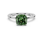 Low-Set Solitaire Engagement Ring Setting for Fancy Green Cushion Cut Center with Thin Plain Band and Prong Head in White Gold