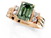 Solitaire Engagement Ring Setting for Fancy Green Emerald Cut Center with Grooved Bar Accent Band and Prong Head in Rose Gold