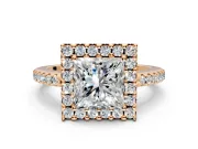 Pave Halo Engagement Ring Setting for Princess Cut Center with Single Row Pave Band and Prong Head in Rose Gold