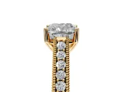 Solitaire Engagement Ring Setting for Cushion Cut Center with Engraved Pave Band and Prong Head in Yellow Gold
