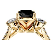 3 Stone Engagement Ring Setting for Fancy Black Cushion Cut Center with Crossover Basket, Pave Band and Prong Head in Yellow Gold