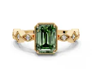 Milgrain Bezel Engagement Ring Setting for Fancy Green Emerald Cut Center with Marquise Stations and Bezel Head in Yellow Gold