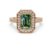Halo Engagement Ring Setting for Fancy Green Emerald Cut Center with Milgrain Pave Band and Bezel Head in Rose Gold