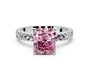 Solitaire Engagement Ring Setting for Fancy Pink Radiant Cut Center with Milgrain X Pattern Band and Prong Head in White Gold
