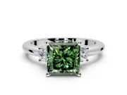 3 Stone Engagement Ring Setting for Fancy Green Princess Cut Center with Wide Plain Band and Prong Head in Sterling Silver