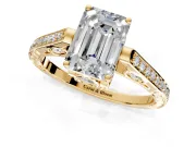 Cathedral Engagement Ring Setting for Emerald Cut Center with Antique-Style Pave Band and Prong Head in Yellow Gold