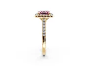 Halo Engagement Ring Setting for Fancy Pink Asscher Cut Center with Raised Halo, Pave Band and Prong Head in Yellow Gold