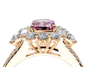 Halo Engagement Ring Setting for Fancy Pink Emerald Cut Center with Two-Strand Split Shank and Prong Head in Rose Gold