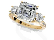 3 Stone Engagement Ring Setting for Asscher Cut Center with Crossover Basket, Pave Band and Prong Head in Yellow Gold