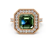 Halo Engagement Ring Setting for Fancy Green Asscher Cut Center with Milgrain Frame, Pave Band and Prong Head in Rose Gold