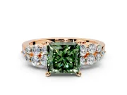 Cluster Engagement Ring Setting for Fancy Green Princess Cut Center with 2-Row Shoulder Clusters and Prong Head in Rose Gold