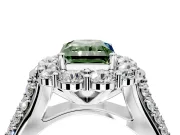 Large Accent Halo Engagement Ring Setting for Fancy Green Radiant Cut Center with Pave Split Shank and Prong Head in White Gold