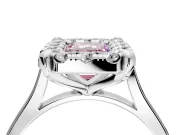 Single Halo Engagement Ring Setting for Fancy Pink Emerald Cut Center with Corner Claws, Plain Band and Prong Head in White Gold
