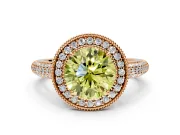 Milgrain Halo Engagement Ring Setting for Fancy Yellow Round Cut Center with Three-Sided Pave Band and Prong Head in Rose Gold