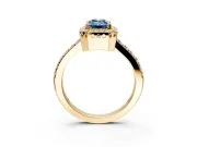 Halo Engagement Ring Setting for Fancy Blue Emerald Cut Center with Inner Milgrain Border and Prong Head in Yellow Gold
